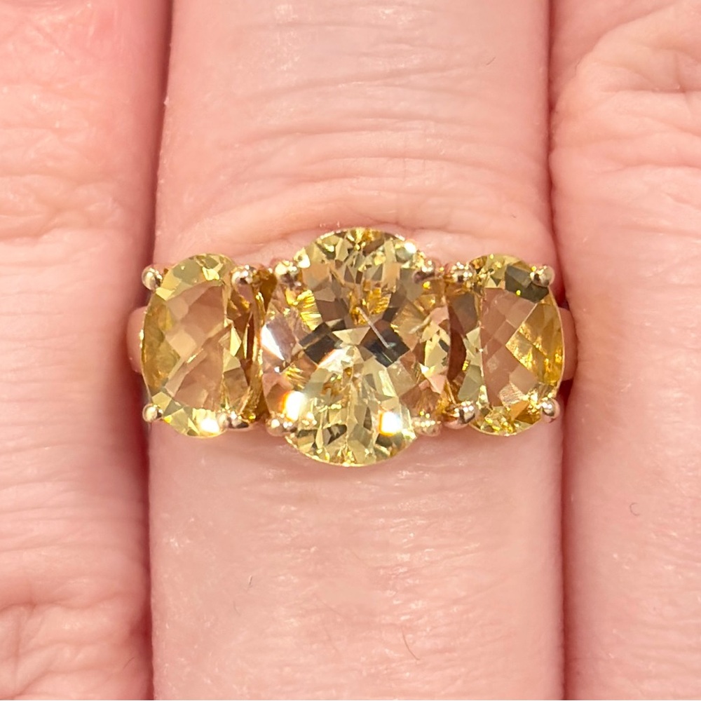 14K Golden Yellow Scapolite Ring Three Stone Oval Rose Cut 6.25 Clyde Duneier